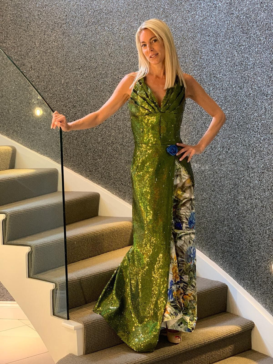 green emerald velvet dress 'Astoria' lime green sequin and silk floral evening gown – Julia Suzuki