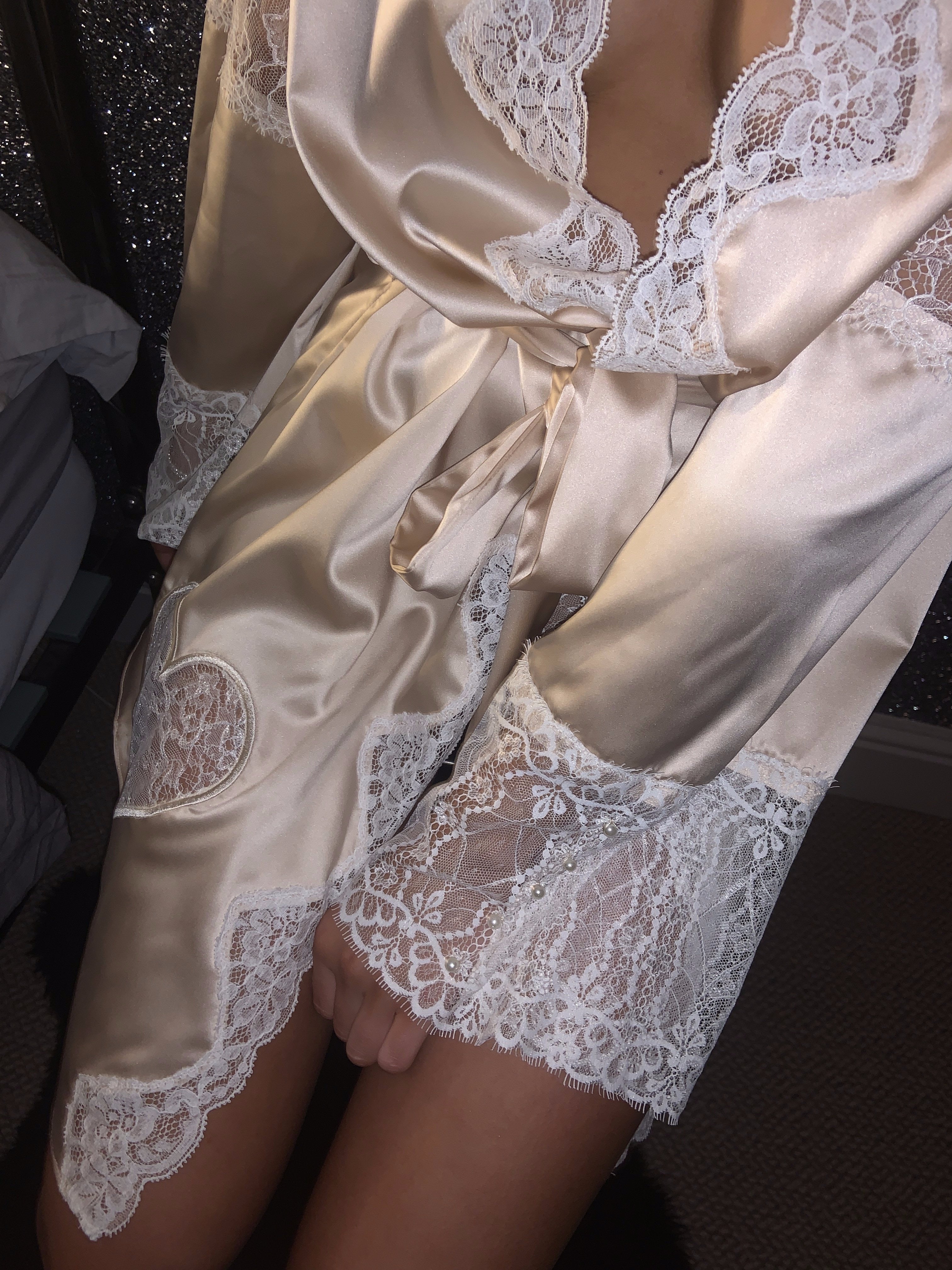 'Valentina' pure silk and french lace robe with pearl featuring.