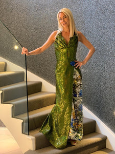 Green and top gold sequin dress